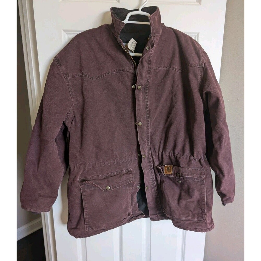 Vintage XL Carhartt Chore Jacket 90s Burgundy Brick Coat Quilt Lined C08BRG Mens